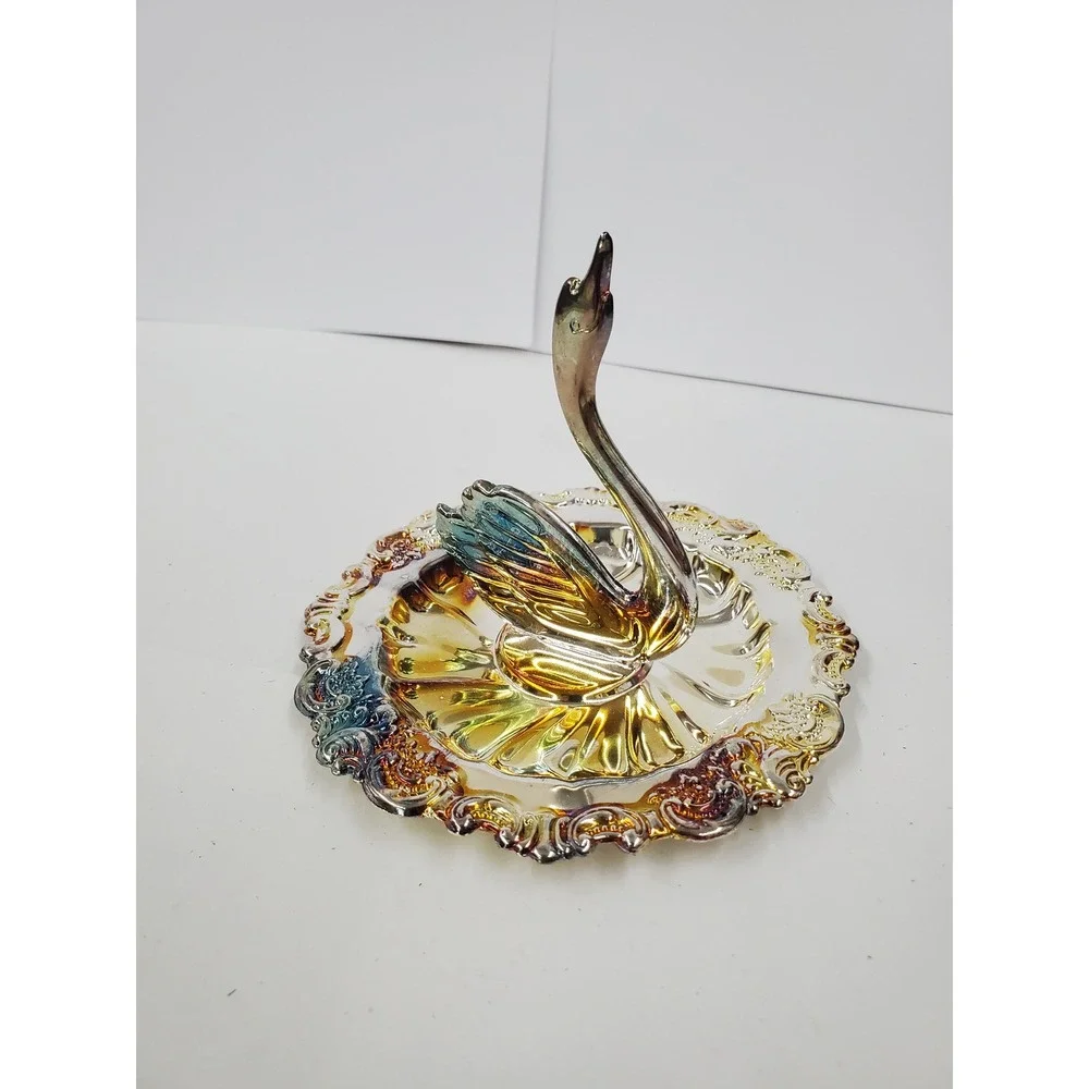 Vintage Silver Tone Swan Ring Holder Iridescent Jewelry Dish Trinket Tray Boxed